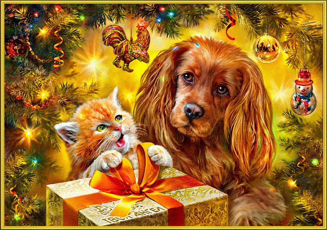 Кошка и собака под елкой