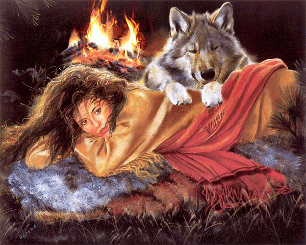 Девушка с волком у камина