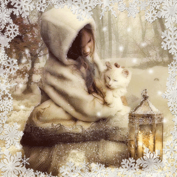 Зимняя сказка, девочка и кошка