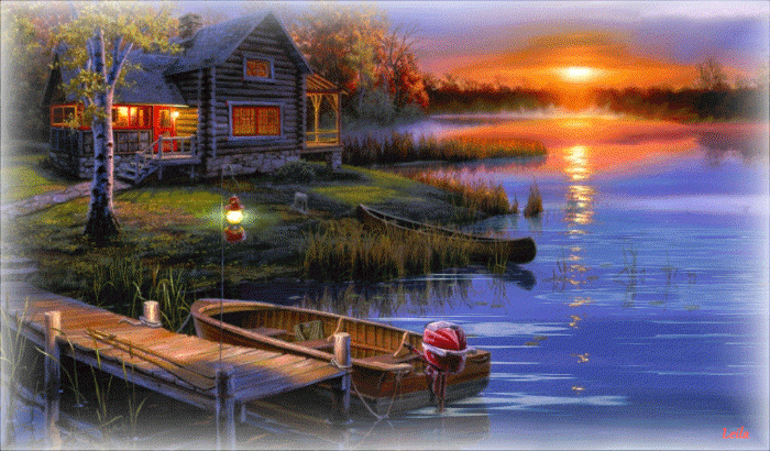 Картина закат у реки