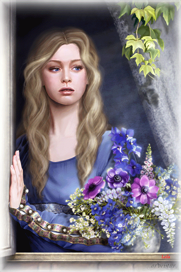 Девушка в окне с букетом цветов