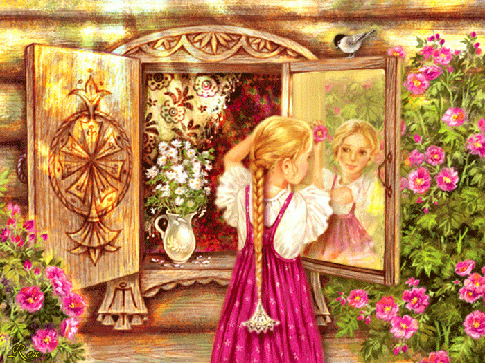 Девочка с цветком у окна
