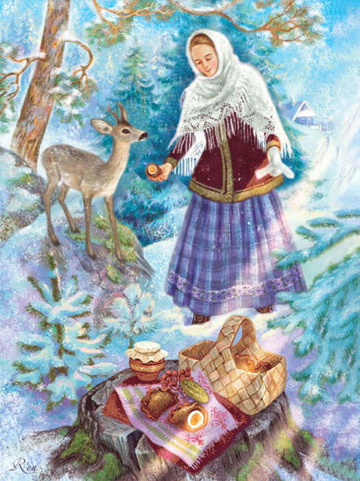 Девушка с олененком в зимнем лесу