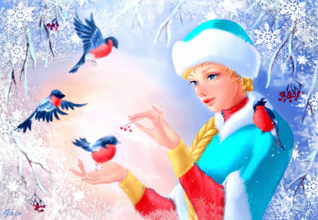Девушка кормит птиц, снегири