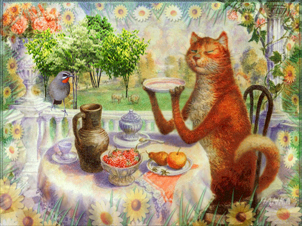 Чаепитие, кот, картина