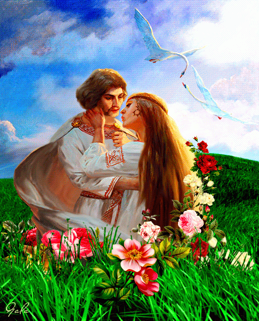Влюбленная пара, поле, цветы, лебеди