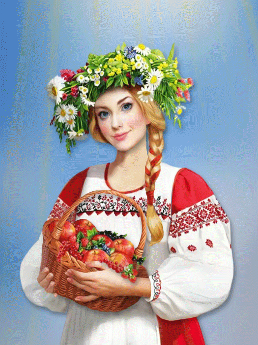 Русская девушка с корзинкой фруктов