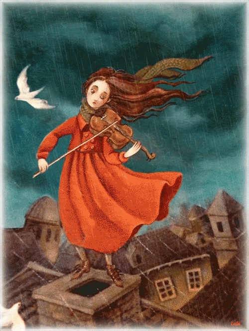 Девочка со скрипкой на крыше под дождем