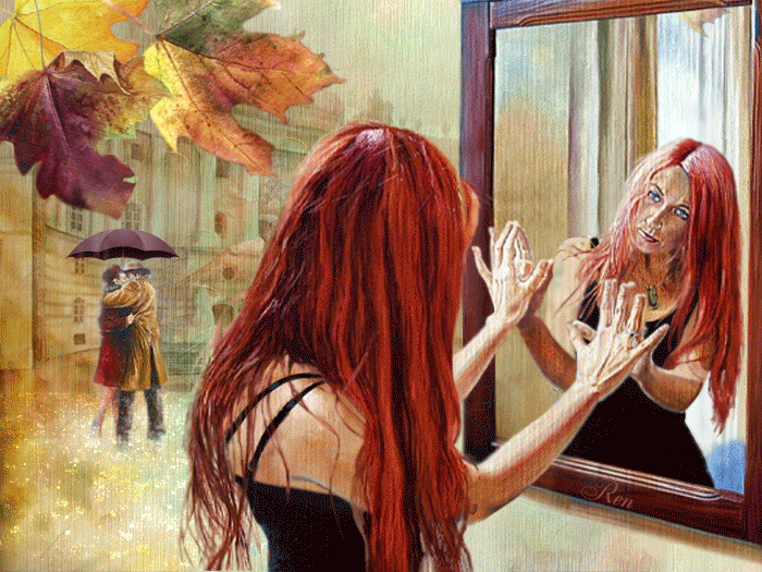 Осень, девушка, отражение в зеркале