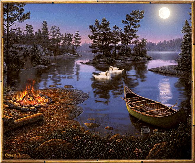 Озеро, природа, костер, лодка