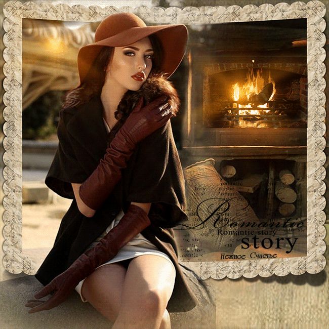 Девушка на фоне камина