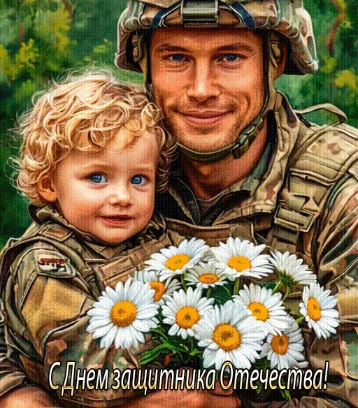 Солдат держит ребенка на руках – 23 Февраля !