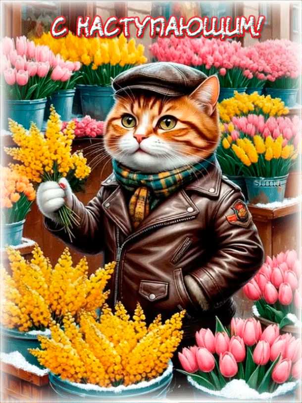 Мартовский кот с цветами