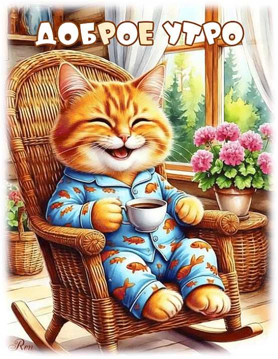 Кот пьёт чай - Доброе утро