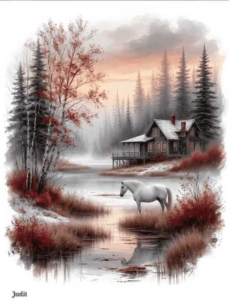 Лошадь гуляет на фоне пейзажа