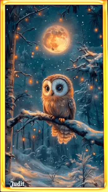 Сова, луна, ночь, зима, gif