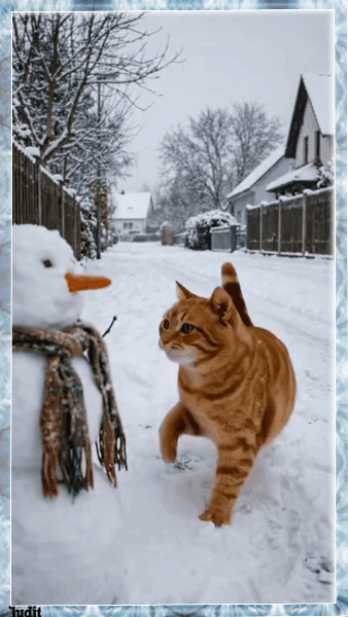 Кошка, снеговик, прикол