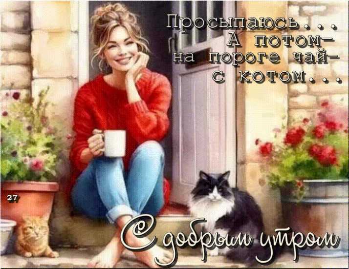 Открытка Доброе утро с девушкой и кошками