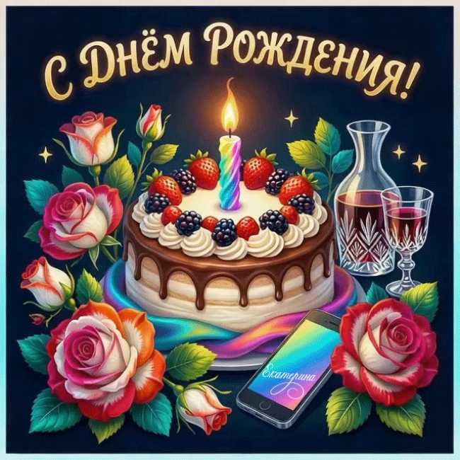 Торт, свеча, розы – С Днём Рождения !
